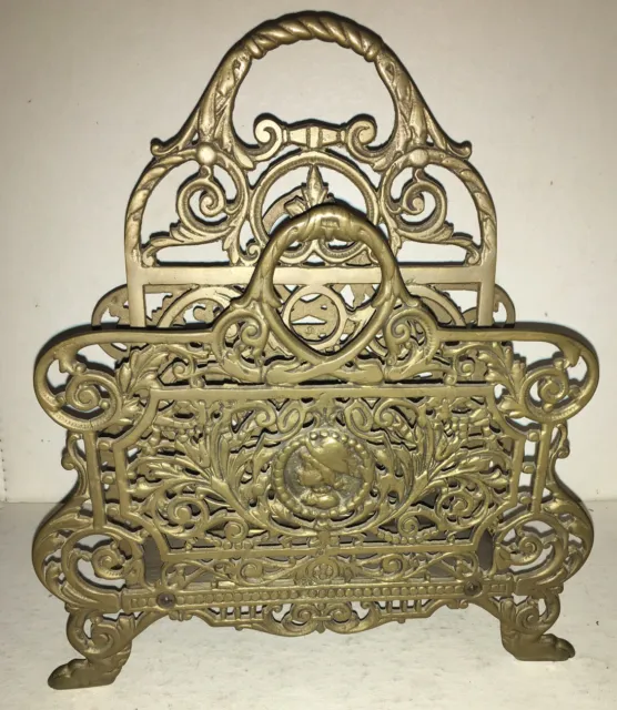 Ornate Vintage Filigree Solid Brass Magazine Book Mail Rack Holder 11 1/2" Tall