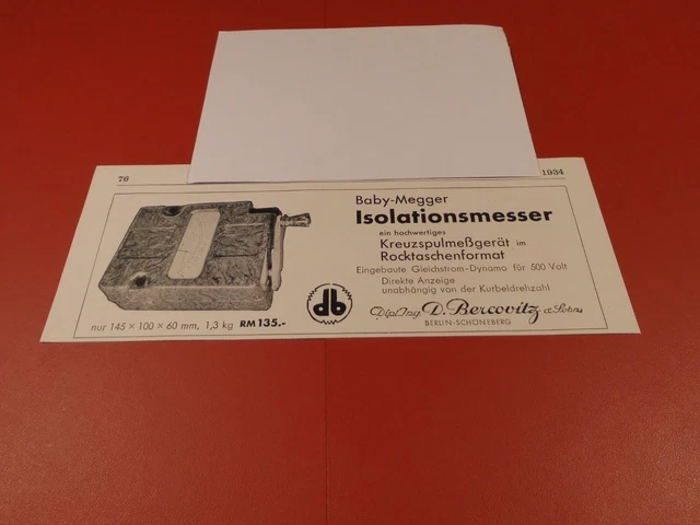Dipl. Ing D. Bercovitz & Sohn Berlin,Baby-Megger Isolationsmes:Werbeanzeige 1934