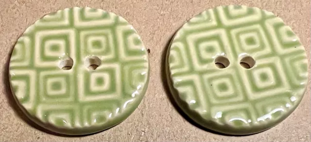 Lovely 2 Green Geometric Pattern Ceramic Porcelain Buttons 1 1/4” Side Glaze