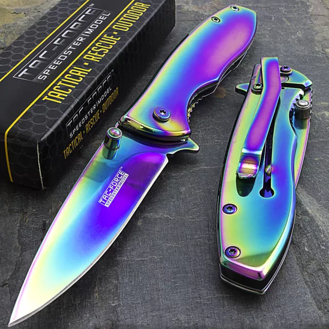 6.75" TAC FORCE RAINBOW TITANIUM SPRING ASSISTED FOLDING KNIFE Blade Open Pocket