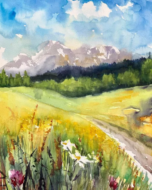 Original Aquarell Bild 30x40cm Blumen Wiese Berge Landschaft Art Geschenk Idee