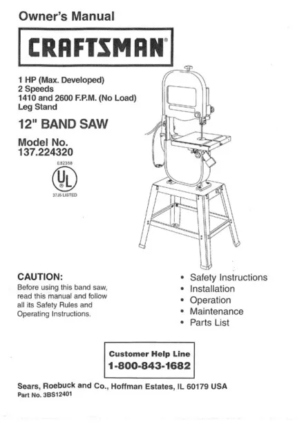 Owner's Manual & Parts List  Sears Craftsman 12" Band Saw - Model 137.224320