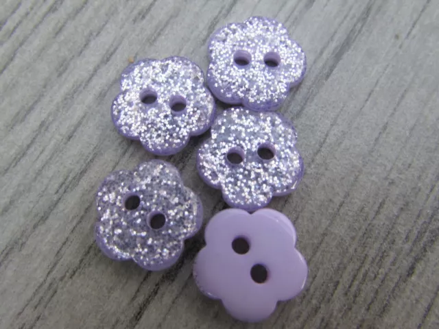 10mm or 15mm Lilac Glitter Flower Buttons 2 Hole Sew On Packs of 5,10 or 20