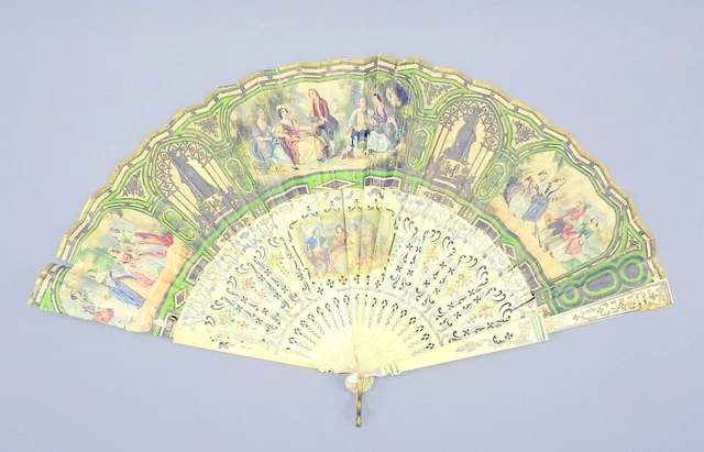 Reich dekorierter Faltfächer, Bein/Metall/Papier/Perlmutt, wohl DE 19. Jh.