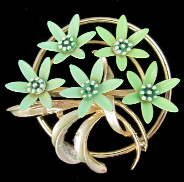 Lovely Vintage Spring Green Enamel Flowers Brooch Pin