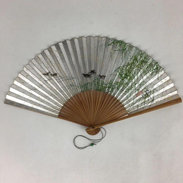Copy of Japanese Folding Fan Vtg Sensu Bamboo Frame Silver Paper Birds 4D620