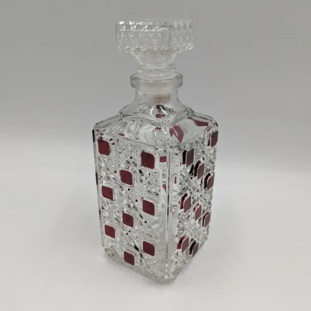 Vintage Square Glass Red Diamond Pattern Spirit Whiskey Liquor Decanter Stopper