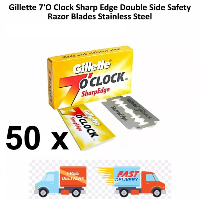 50 x Gillette 7'O Clock Sharp Double Edge Stainless Steel Safety Razor BLADES
