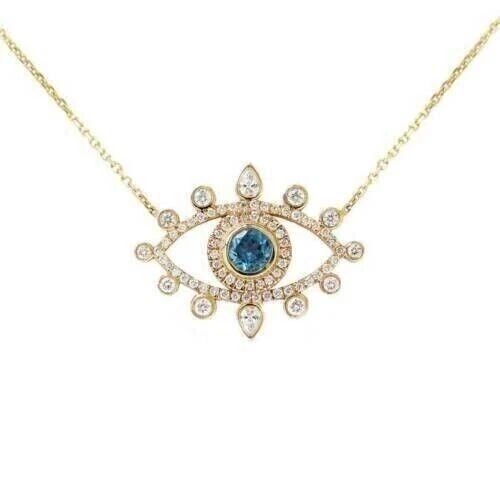 1Ct Round Cut Real Moissanite Evil Eye Pendant 14k Yellow Gold Plated Free Chain