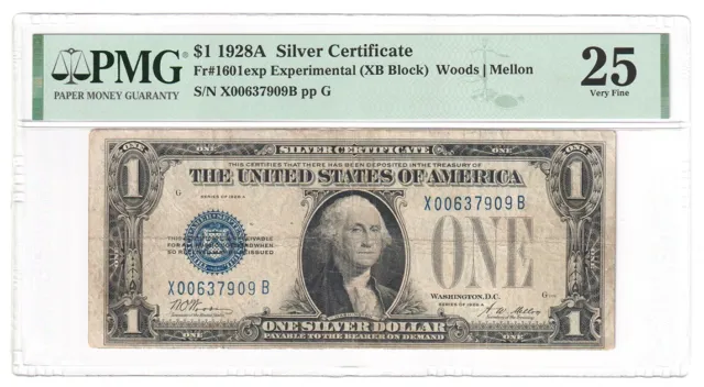 1928 A $1 Experimental Silver Certificate Funnyback Fr1601exp PMG VF25 Y00010535
