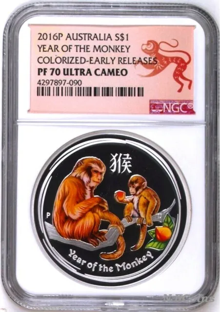 2016 P Australia PROOF COLORIZED Silver Lunar Year of Monkey NGC PF70 1oz Coin