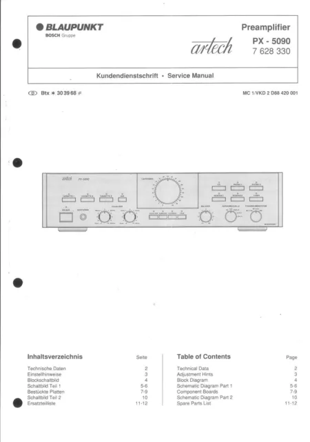Blaupunkt Service Manual für Artech Preamplifier PX 5090  Copy