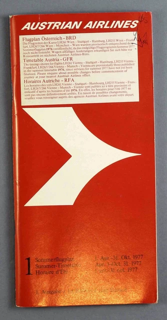 Austrian Airlines Airline Timetable Summer 1977 Os Austria Flugplan 1St Edition