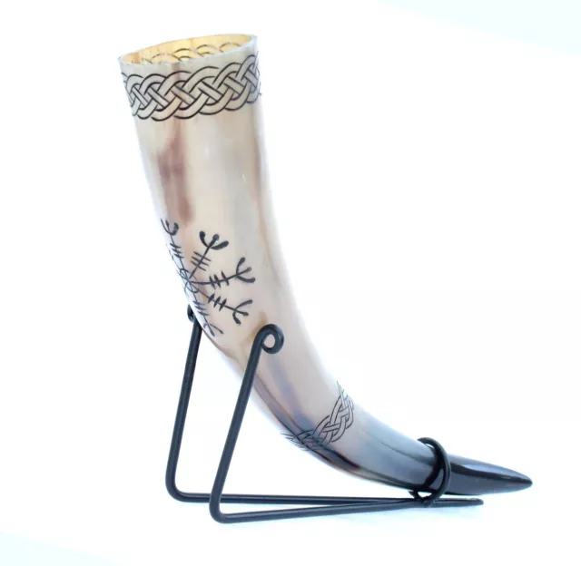 Helm of awe Viking fighter's Norse Drinking Horn with metal stand for ale beer