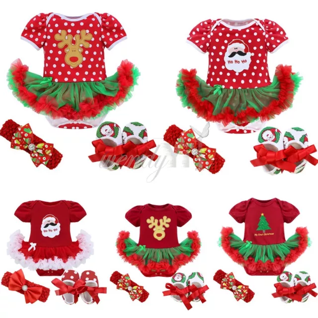 Christmas Toddler Infant Baby Girl Deer Romper Headband Shoes Set Outfit 0-9M