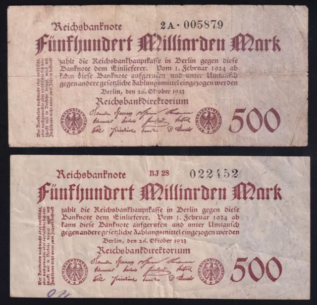 2x 500 Milliarden Mark 26.10.1923 - Reichsbank (DEU-152b + d)