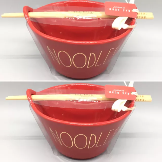 x2 Rae Dunn Red Gold NOODLES Bowl w Chopsticks Set Asian Take Out Christmas NEW