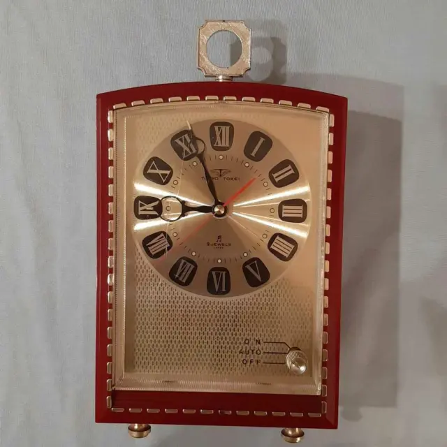 VINTAGE TOKYO TOKEI Gold & Red Music box Alarm Clock Wind Up JAPAN Mid-century