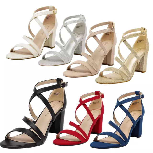 Women Chunky Block Heel Open Toe Across Strap Buckle Wedding Party Dress Shoes