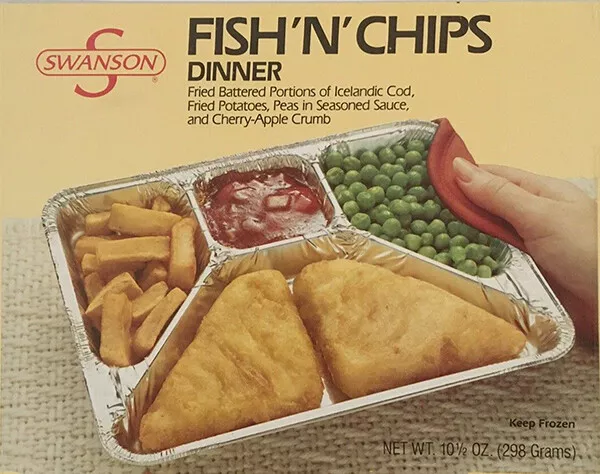 1986 SWANSON TV DINNER FISH ‘N’ CHIP FROZEN DINNER Metal Magnet 3x4 inches 8692
