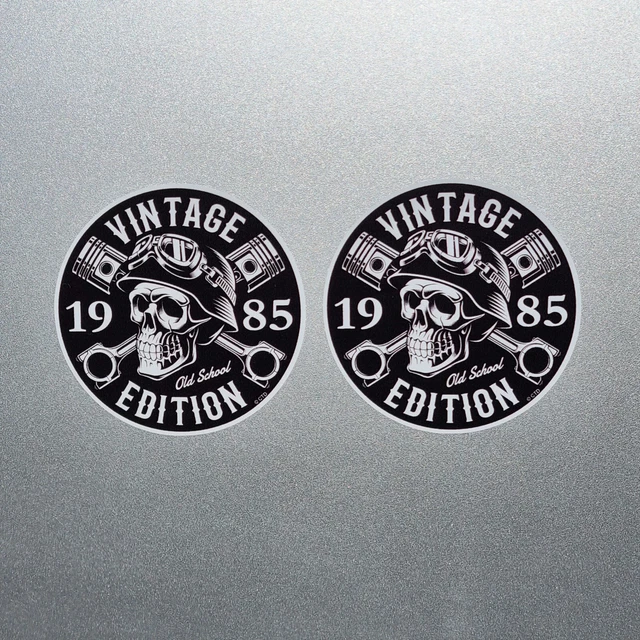 2x Small 1985 Biker Skull Vintage Edition Roundel Vinyl Sticker Decal 60mm Each