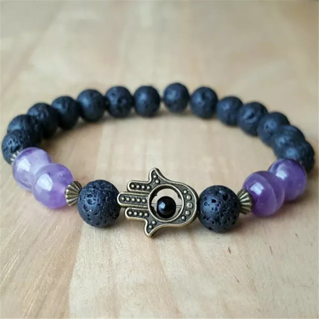 8mm Lava Stone Amethyst Gemstone mala Bracelet 7.5inch Stretchy men Religious