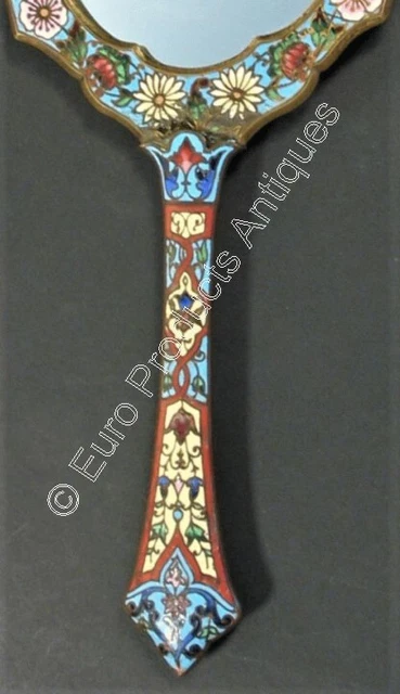 Antique French Champleve Cloisonne Enamel Ormolu Bronze Hand Mirror Early 20th C