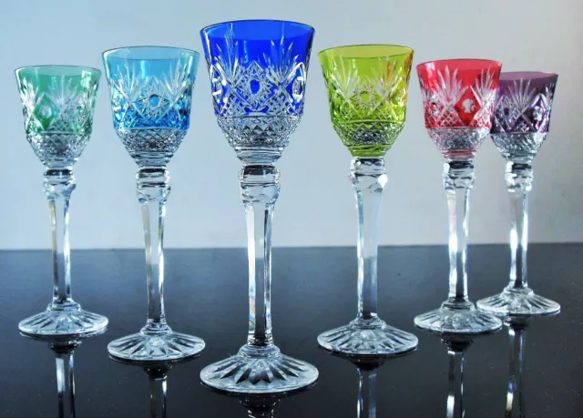 Saint Louis 6 Verres A Pied Digestif En Cristal Double Couleur Modelé 1930