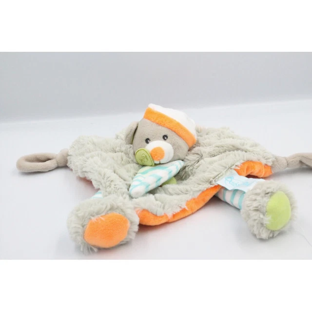 Doudou plat ours gris orange rayé bleu Oscar BABY NAT - 22190
