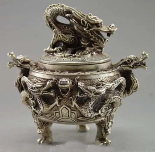 collectable Decorated Handwork Tibet Silver Carved Dragon Incense Burners Signed
