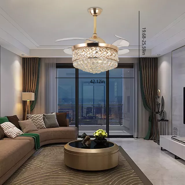 Dimmable Crystal Ceiling Fan with LED Light Chandelier Retractable Blades+Remote