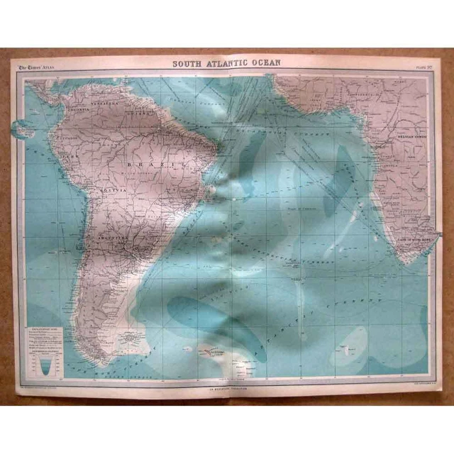SOUTH ATLANTIC OCEAN with Shipping Routes - Vintage Map 1922 by Bartholomew