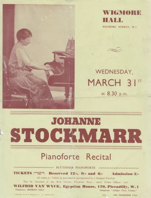 Concert Recital Programme 1937  Wigmore Hall Piano Johanne Stockmarr