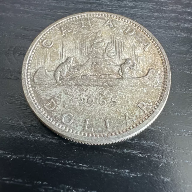 1965 Large beads blunt 5 Type Canadian Silver Dollar Coin Uncirculated Toned