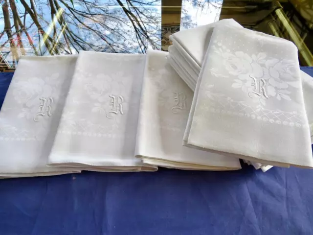 12 Vintage Pure Dove White Linen 28" Banquet Napkins Damask Roses Gothic Mono R