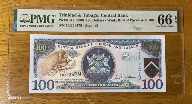 Trinidad & Tobago 100 Dollars 2006 P51a GEM UNC PMG 66 EPQ Bird of Paradise