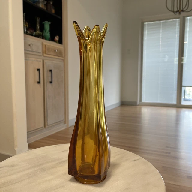 RARE VTG LE Smith Amber Swung Art Glass Vase 6400 ? Four Fingered