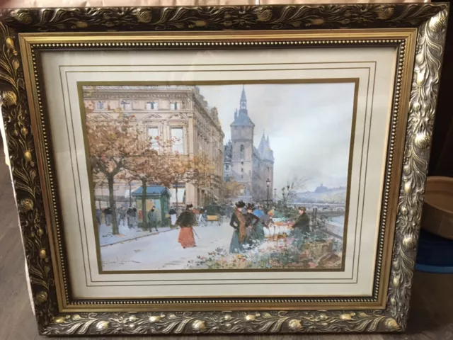 Vintage Watercolour Painting Print Paris  Street Scene Seine VGUC Impressionist