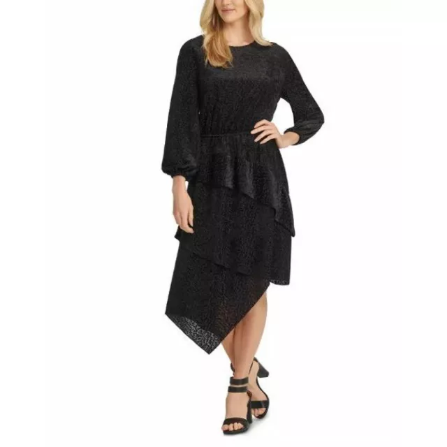 DKNY Womens Tonal Leopard-Print Layered Dress Black L Velvet Emboss Long Sleeve