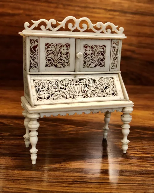 Antique Miniature Carved Bone Dolls House Furniture Desk Bureau Secretaire