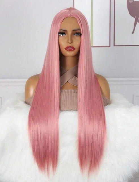Perruque Longue Femme Rose Clair - Cheveux Synthétiques Bouclés Avec Frange - Bonnet Moyen +4
