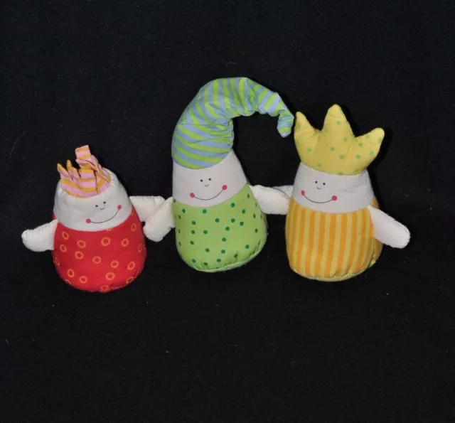 Lot 3 peluche doudou fou lutin vert jaune rouge pouet grelot 11 à 17 cm TTBE