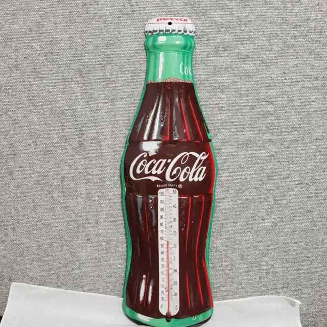 VTG Trademark Coca Cola Bottle Metal Flat Pressed Thermometer Hong Kong Made 17"