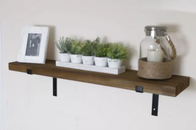 Solid Rustic Shelves Chunky Wooden Kitchen Storage Shelf & Vintage Wall Brackets