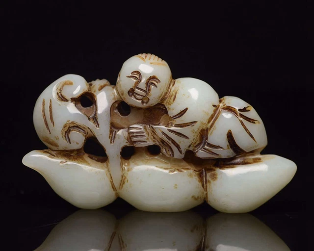 Chinese Natural Hetian Jade Hand-carved Exquisite Holding Lotus Boy Satue ae0610