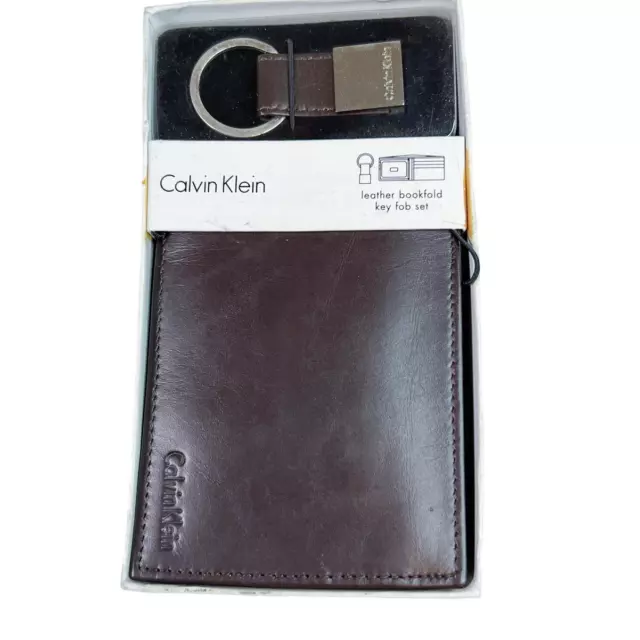 Calvin Klein Leather Bookfold Key Fob Set Brown New in Box