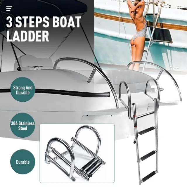 304 Stainless Steel 3-Step Telescoping Boat Ladder Inboard Ladder with Handle