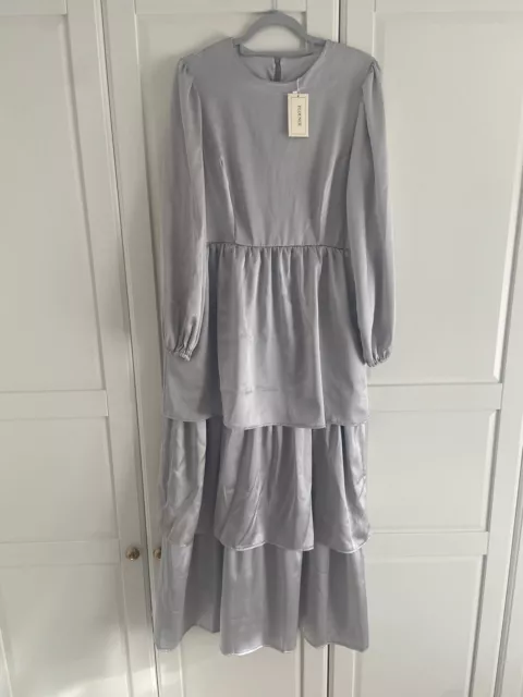 ASOS Flounce London Womens Satin Maxi Ruffle Dress Silver SIZE 14 NEW