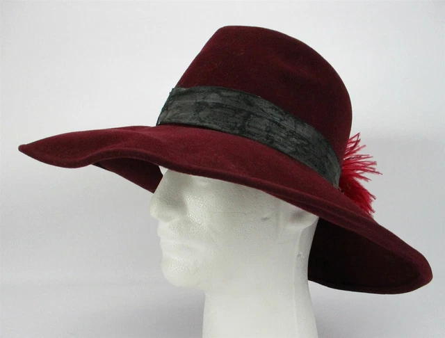 Frank Olive Lana Vintage Cappello Excello Piuma Rosso Bordeaux 100% Lana