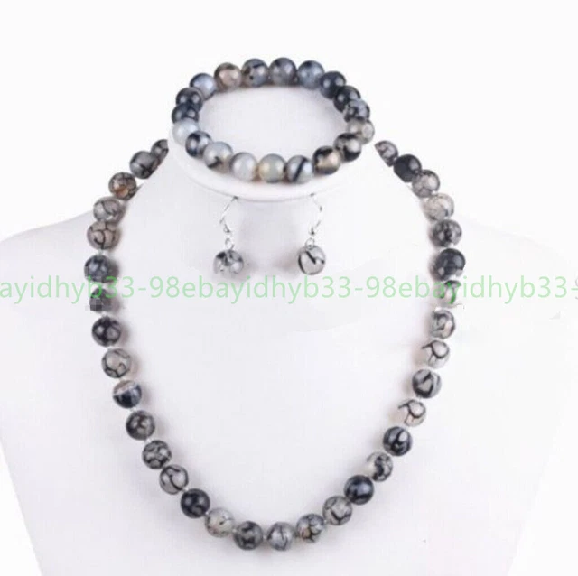 8mm Natural Black White Dragon Veins Agate Necklace Bracelet Earrings Set